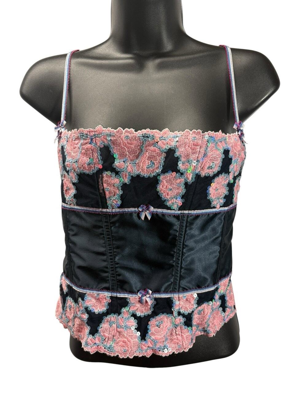 Vintage Victoria’s Secret Angel Corset Top Navy Blue W/Pink Flowers Size Small